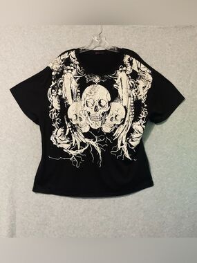ROMWE Y2K Grunge Skull Grafic Tee Black Goth Cyber Punk Crop Top T Shirt Sz L